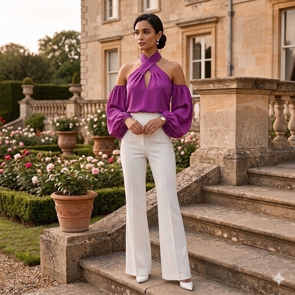 Boutique Vintage Keyhole Choker Off Shoulder Bishop Sleeve Satin Top - Picture 6 of 14